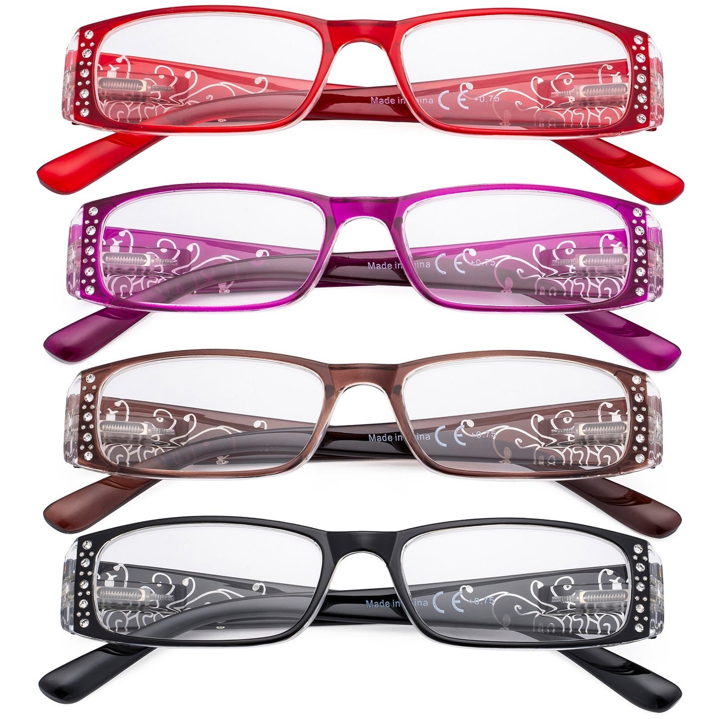 4 Pack Crystals Floral Pattern Reading Glasses Women R006F