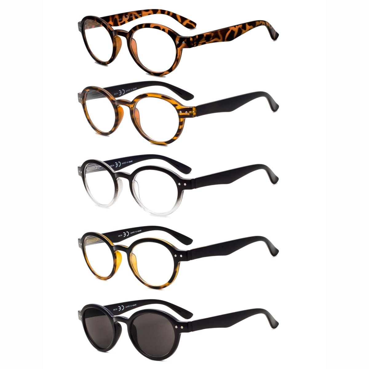 5 Pack Retro Round Reading Glasses Include Sunglasses R070eyekeeper.com