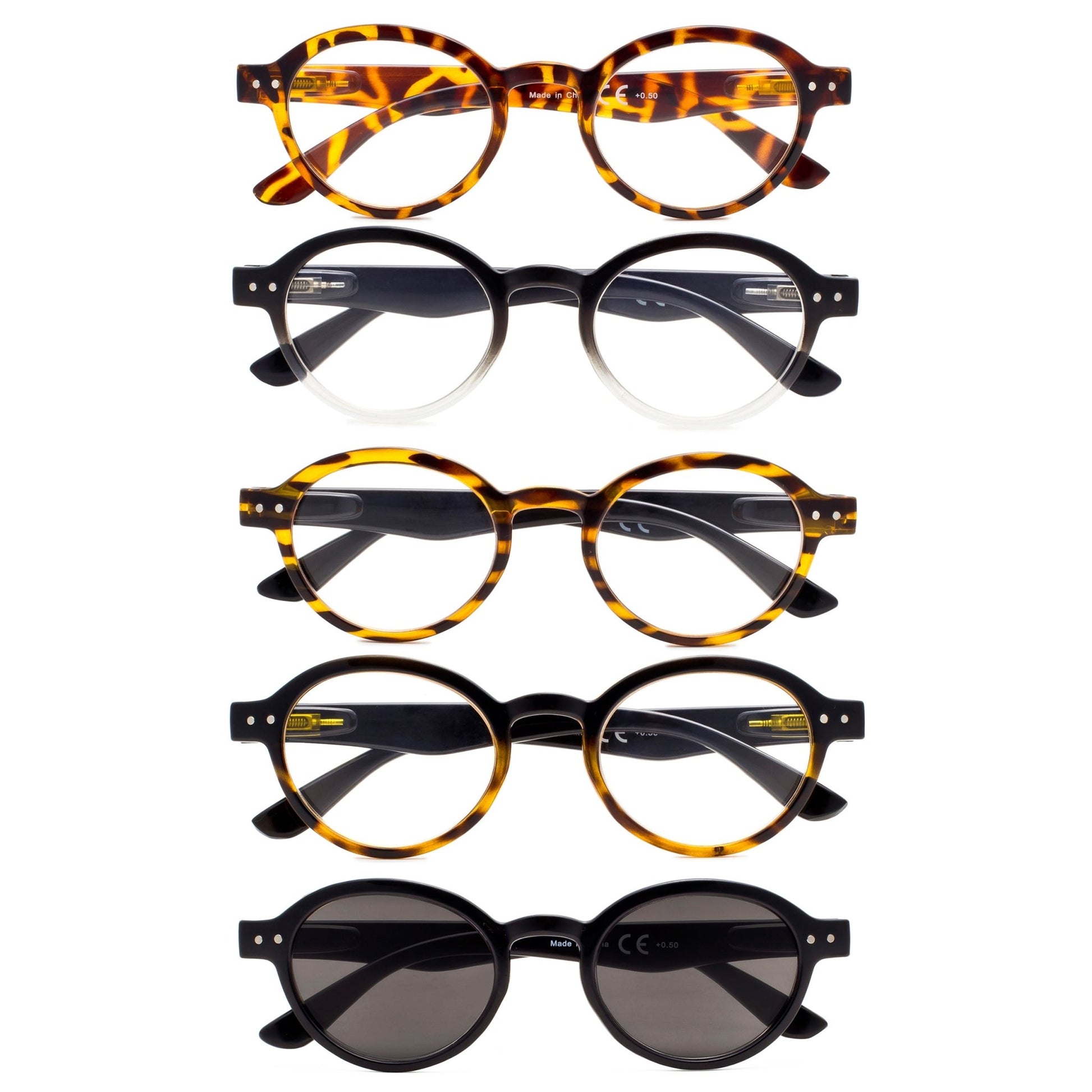 5 Pack Retro Round Reading Glasses Include Sunglasses R070